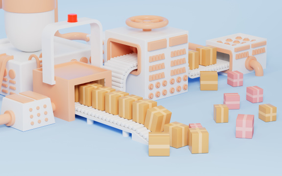 传送带上运输的纸箱3D渲染