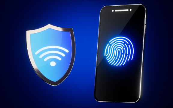 指纹识别与wifi标志的盾牌3D渲染