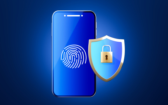 带有指纹锁的手机与盾牌3D渲染