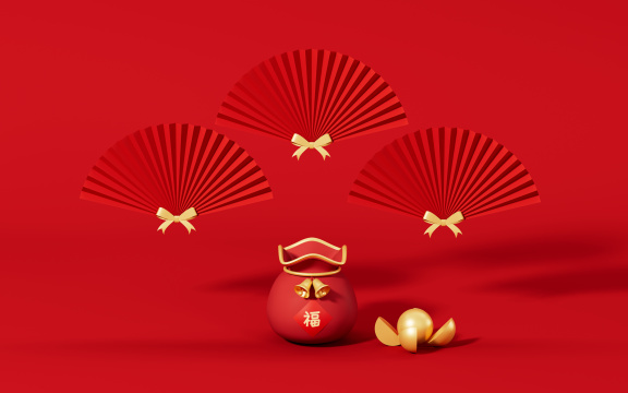 福袋与扇子背景3D渲染