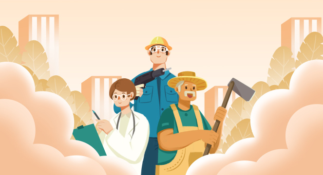 卡通手绘劳动节插画  