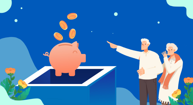 卡通手绘老人保险金储蓄插画