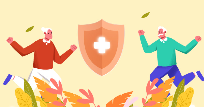 卡通手绘老人养老保险守护插画
