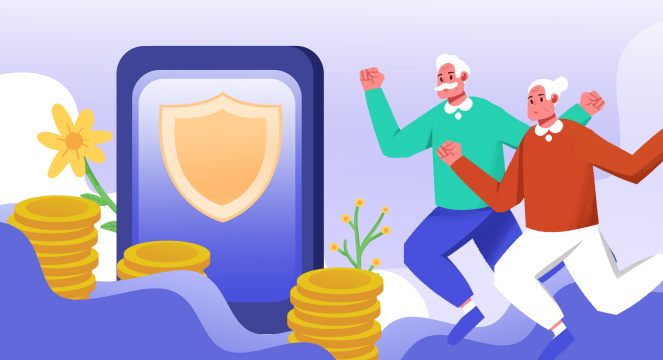 卡通手绘老人养老保险守护插画