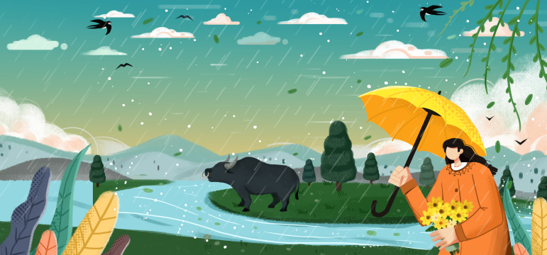 卡通手绘噪点清明节唯美插画