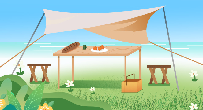 卡通手绘三维露营野炊活动插画