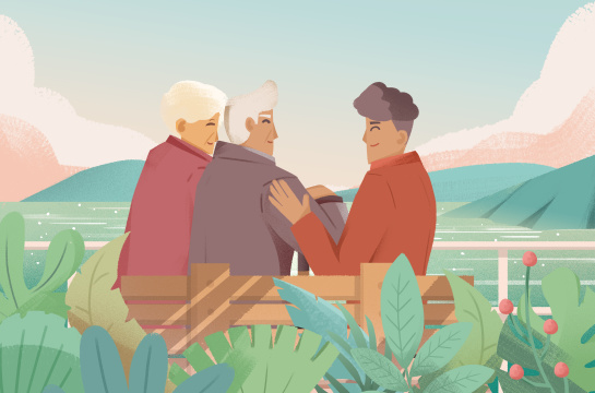 一家人坐在湖边插画