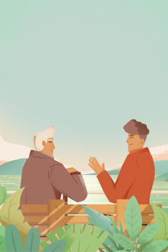 卡通手绘父子坐在湖边聊天插画