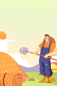 卡通手绘农民拿着铁锹铲稻草插画