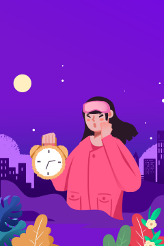 卡通手绘女子穿睡衣提着闹钟打呵欠插画