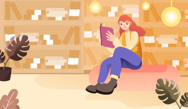 卡通手绘图书馆女孩看书插画