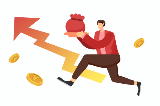 卡通手绘男子手拿金币奔跑投金猪插画
