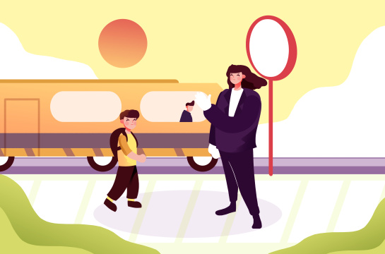 卡通手绘中小学安全教育日学生过马路插画