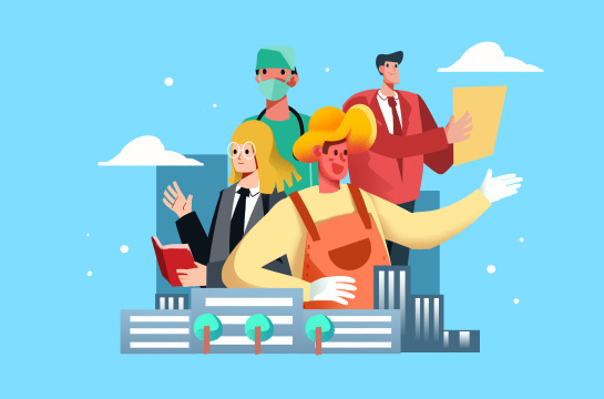 卡通手绘劳动节城市职场勤劳人员插画