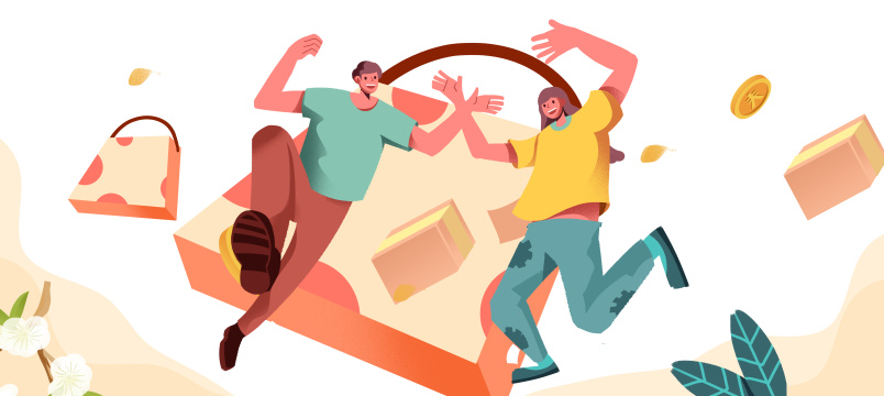卡通手绘男女欢呼跳跃购物插画
