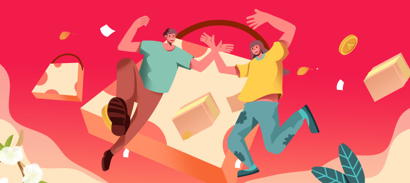 卡通手绘男女欢呼跳跃购物插画
