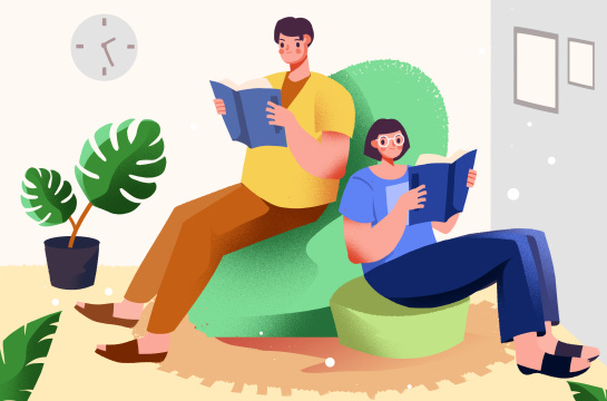 卡通手绘男女青年阅读书籍唯美插画