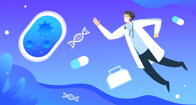 卡通手绘医护人员研究病毒疫苗插画