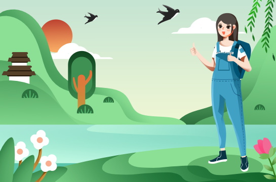  卡通手绘春天女孩春游踏青插画