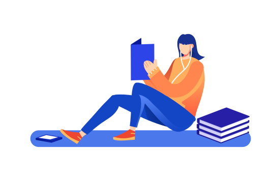 卡通女生坐在地上看书阅读插画