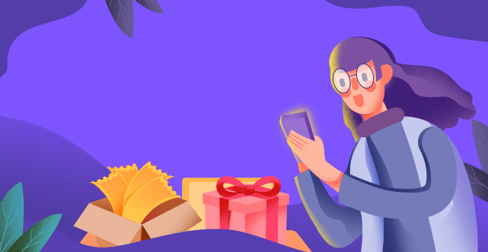 卡通手绘女孩看手机开心表情插画