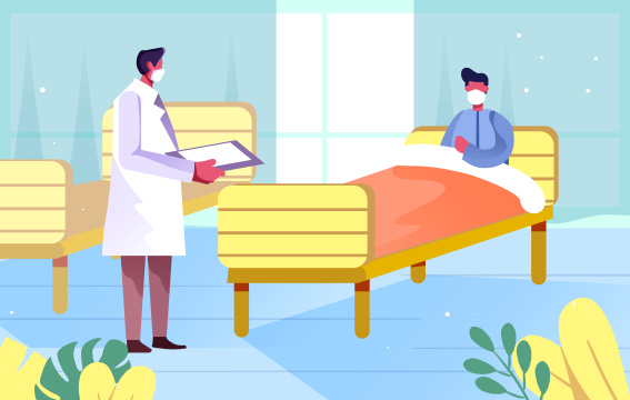 卡通戴口罩医生检查病人情况插画