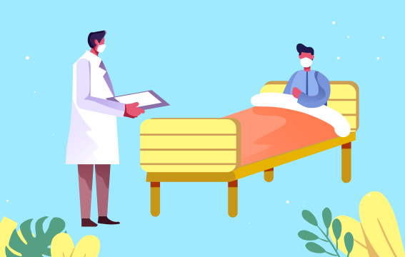 卡通戴口罩医生检查病人情况插画