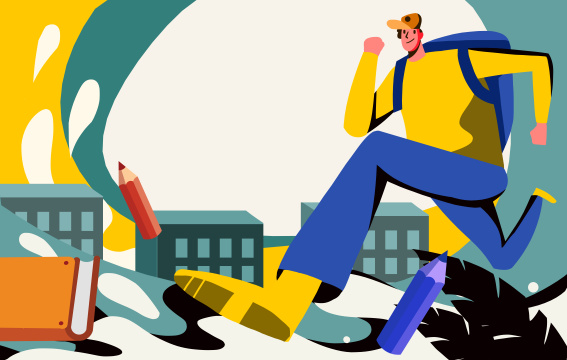  卡通学生背书包奔跑欢呼插画