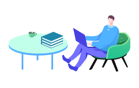 卡通手绘男子在家居家办公用电脑插画