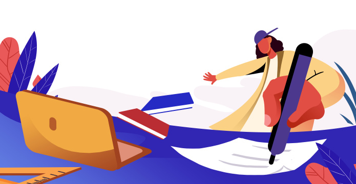 卡通手绘人物写字大透视构图插画