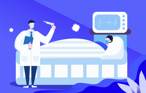  卡通手绘戴口罩医生给病人测体温插画