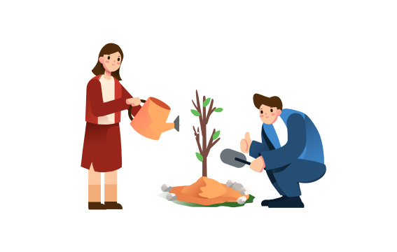 卡通男生拿铲子女生浇水植树插画