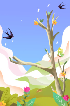 春天户外蓝天白云背景插画