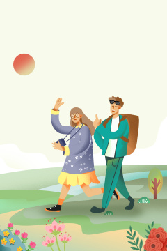  卡通手绘春游情侣散步踏春插画