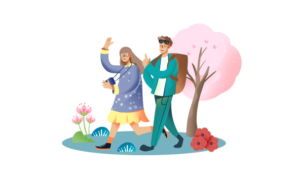 春游情侣散步踏春插画