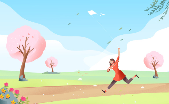 春天女孩放风筝场景插画