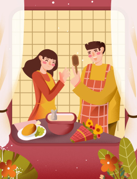 卡通手绘情侣厨房煮饭插画