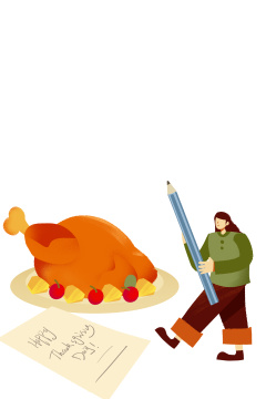 卡通手绘感恩节女孩写信吃火鸡烛光晚餐创意卡通插画