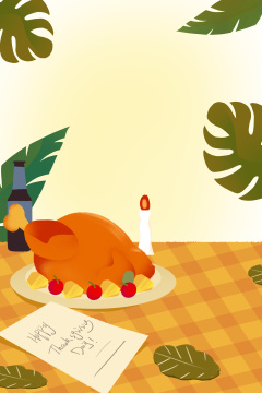 卡通手绘感恩节女孩写信吃火鸡烛光晚餐创意卡通插画