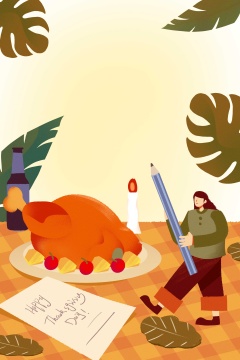 卡通手绘感恩节女孩写信吃火鸡烛光晚餐创意卡通插画