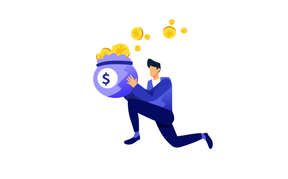  卡通手绘男人手持金币财富赚钱网络经济上涨插画
