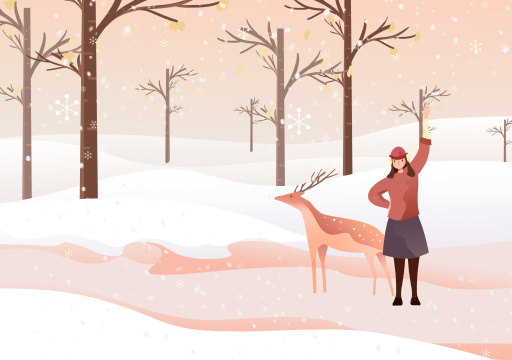 卡通手绘唯美冬天少女与鹿插画