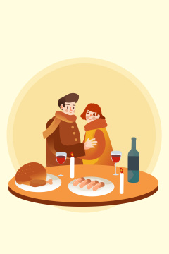 卡通手绘感恩节情人节吃火鸡烛光晚餐创意卡通插画