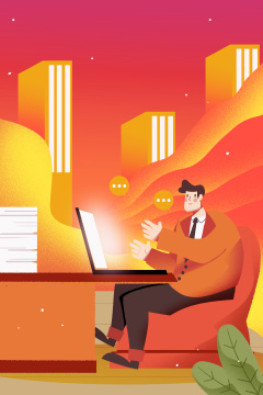 卡通手绘红色企业白领加班办公工作插画