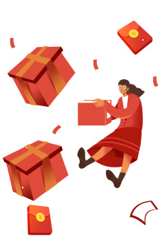  卡通手绘女生手机购物快递礼盒年货红色喜庆插画