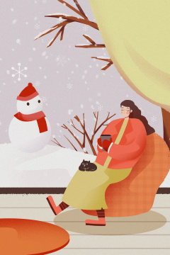 卡通手绘小雪节气冬天女孩室内喝茶插画