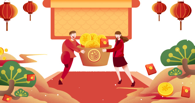 卡通手绘喜庆头图购物节新年备年货活动推广插画