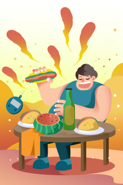 卡通手绘胖子暴饮暴食垃圾食品血糖世界糖尿病日插画