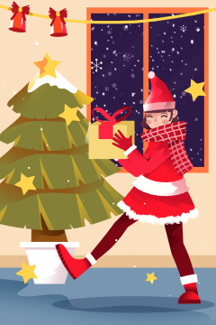 卡通手绘圣诞节唯美风格女孩送礼物开心插画