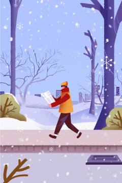卡通手绘二十四节气立冬男孩雪景街道散步插画